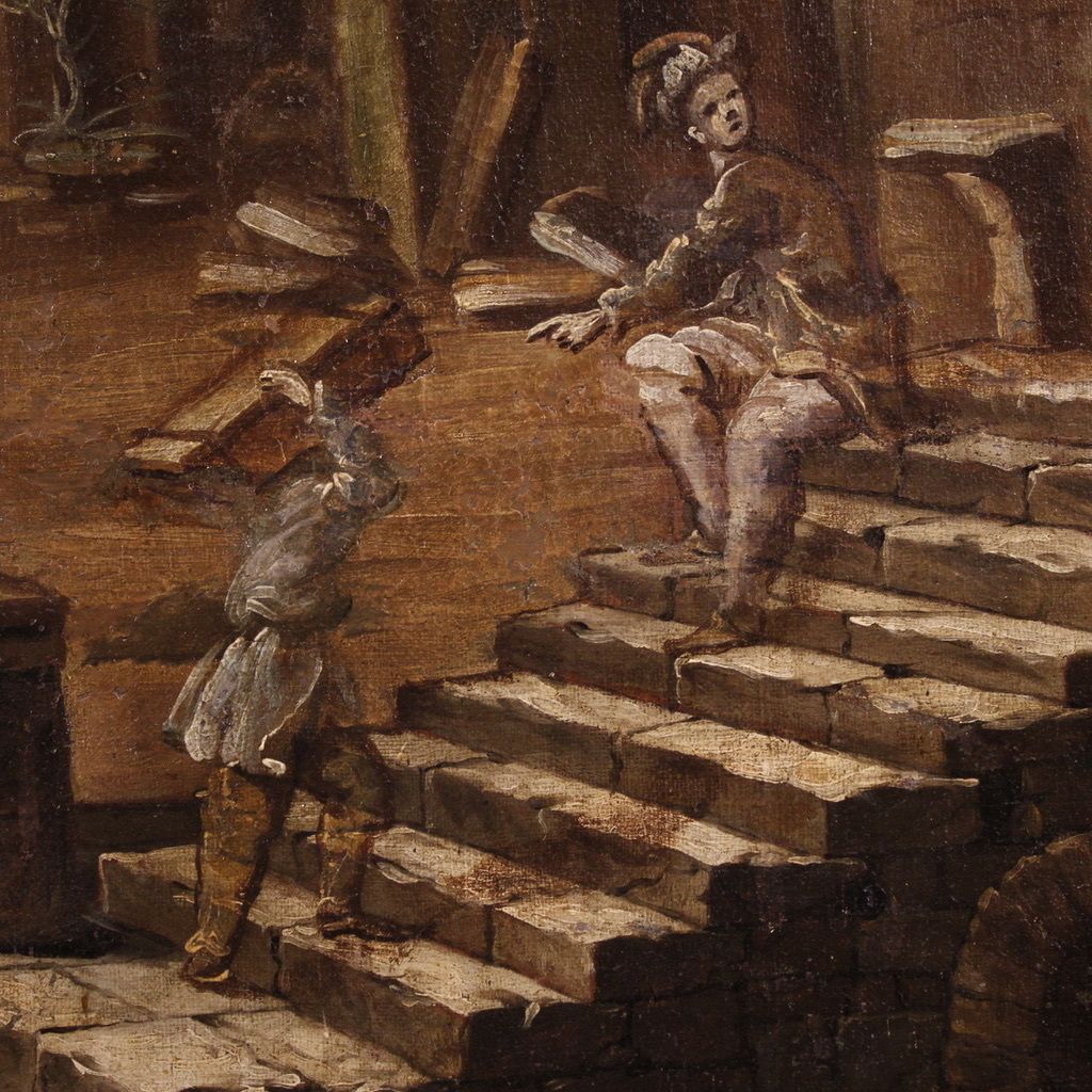 Antique Italian Painting From The 18th Century, Architectural Capriccio With Figures photo vintage