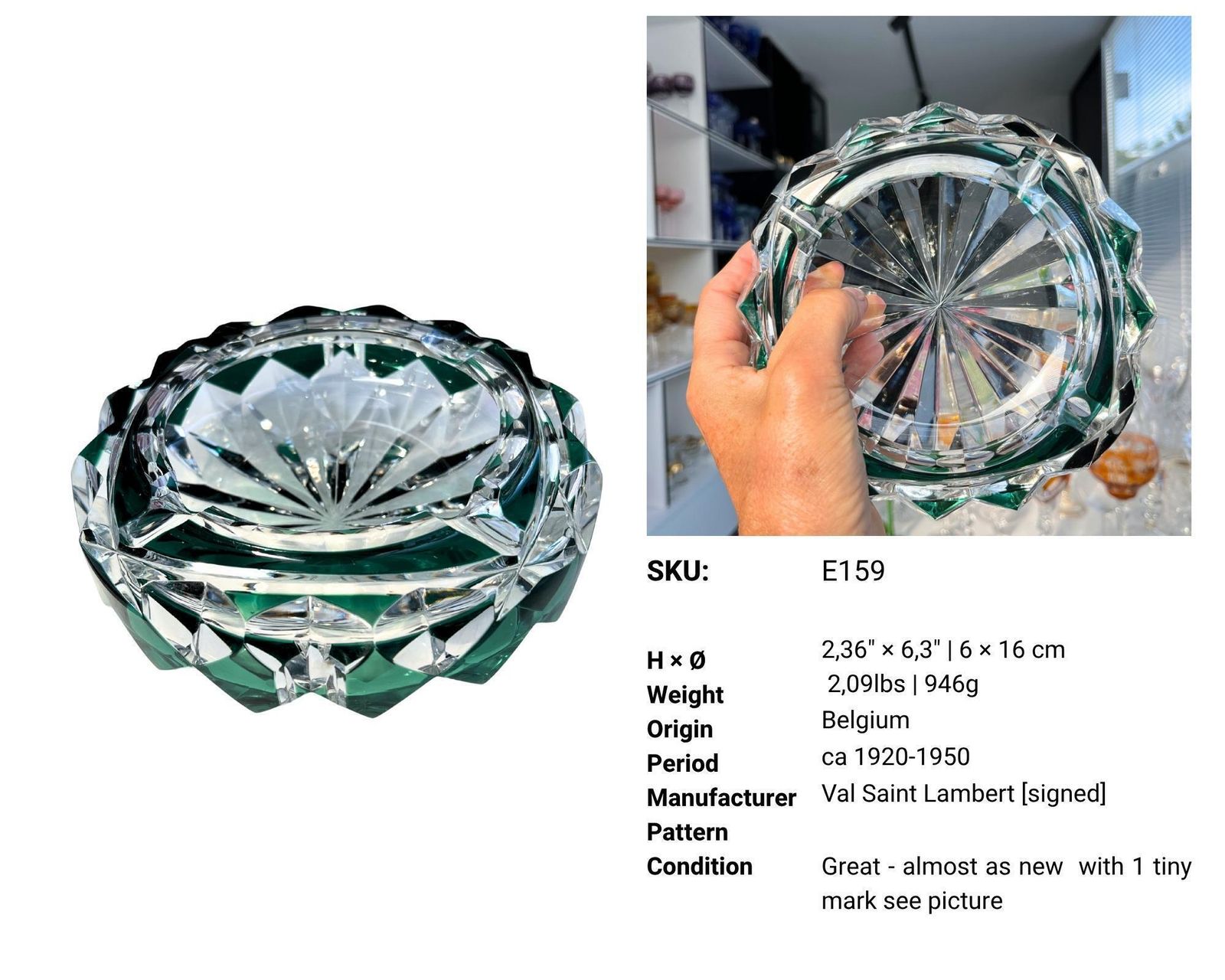 Val Saint Lambert Ashtray | 1 Stuk | Groen Geslepen Kristal | Gesigneerd photo for sale