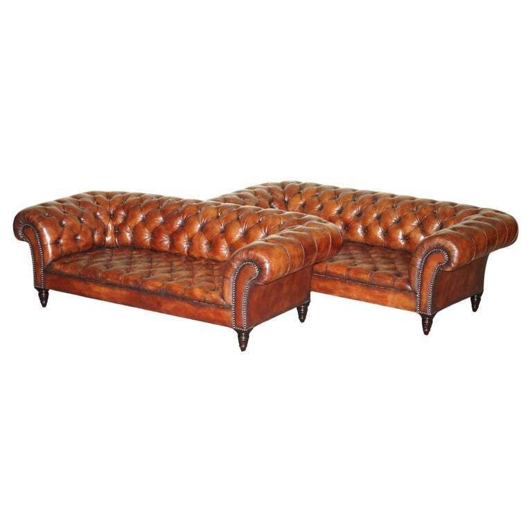 Pair Of George Smith Early Victorian Brown Leather Chesterfield Tufted Sofas