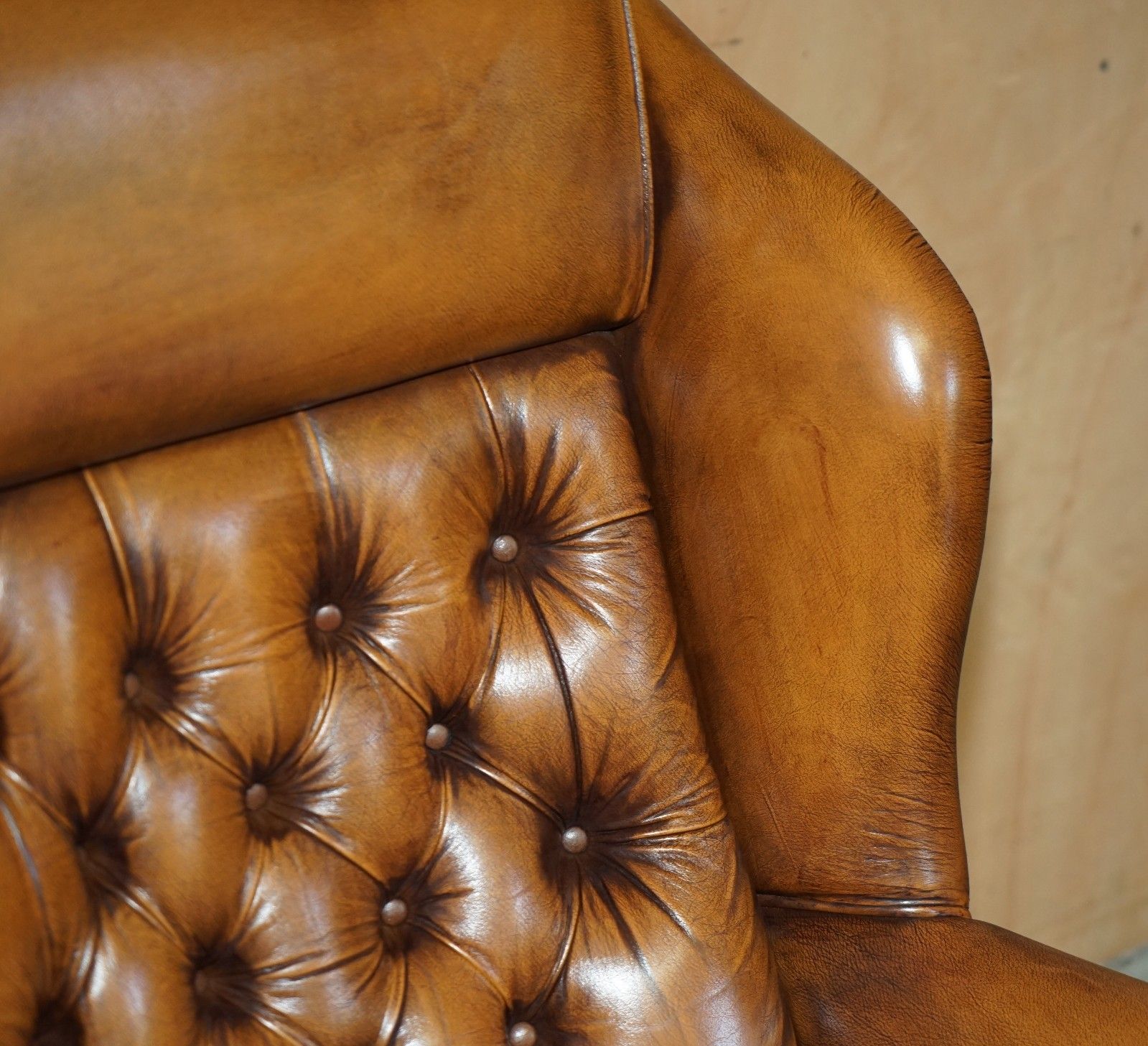 Lovely Vintage Brown Leather Chesterfield Tufted Wingback Captains Armchair photo vintage