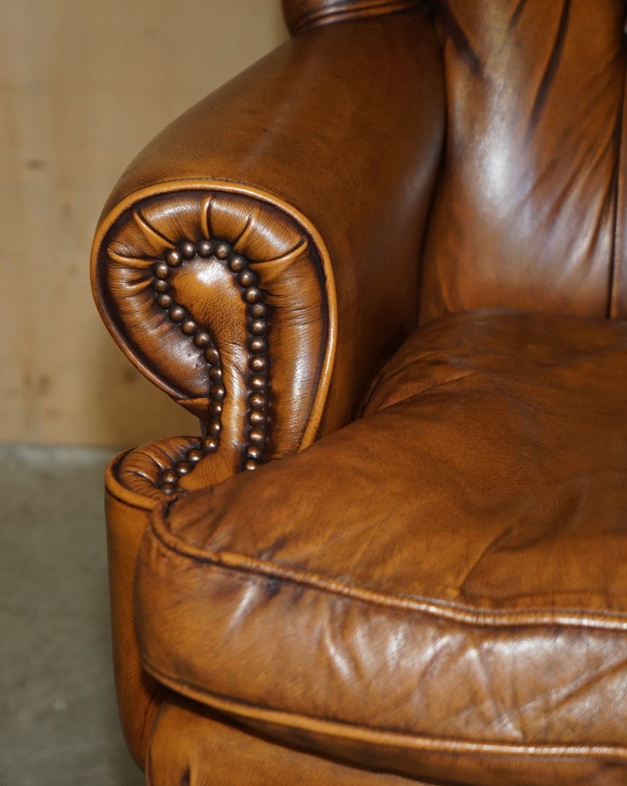 Furniture Lovely Vintage Brown Leather Chesterfield Tufted Wingback Captains Armchair photo