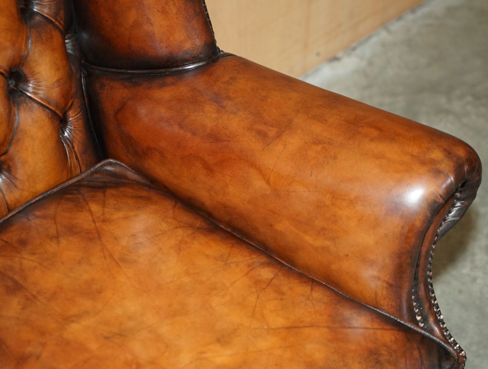 Comfortable Restored Whiskey Brown Leather Tufted Chesterfield Wingback Armchair photo vintage