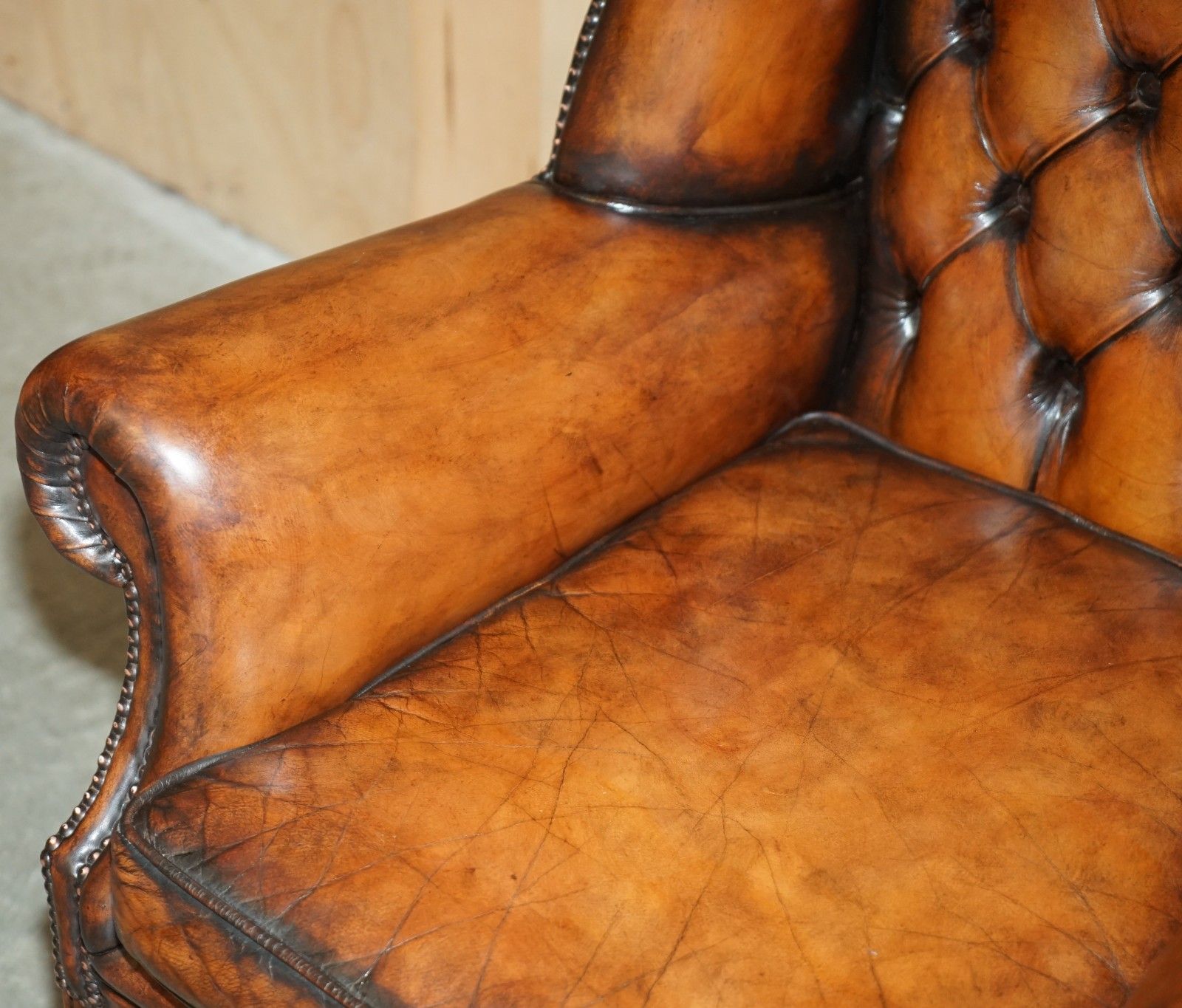 photo furniture Comfortable Restored Whiskey Brown Leather Tufted Chesterfield Wingback Armchair