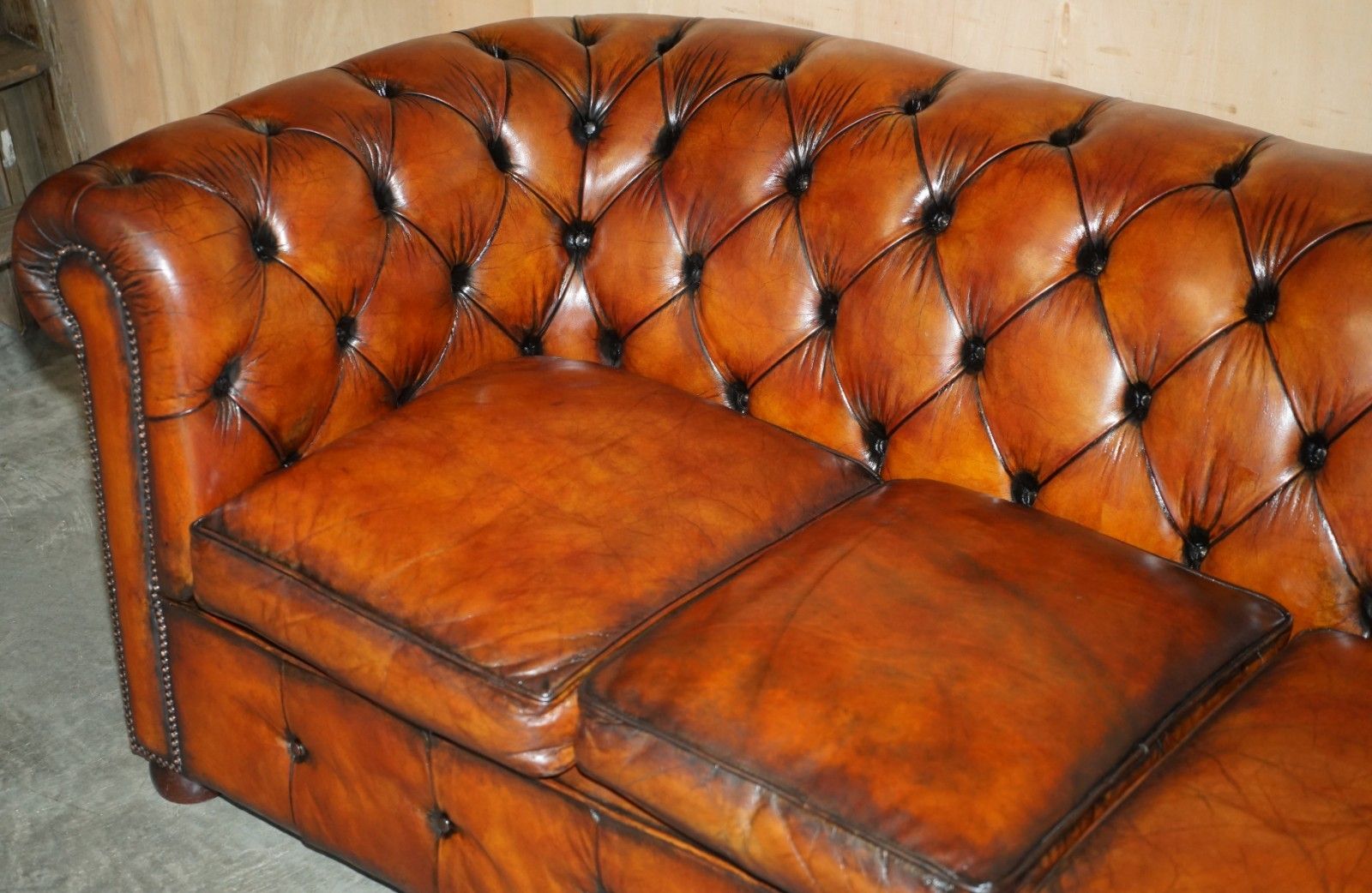1930's Hand Dyed Restored Whiskey Brown Leather Chesterfield Tufted Club Sofa photo buy