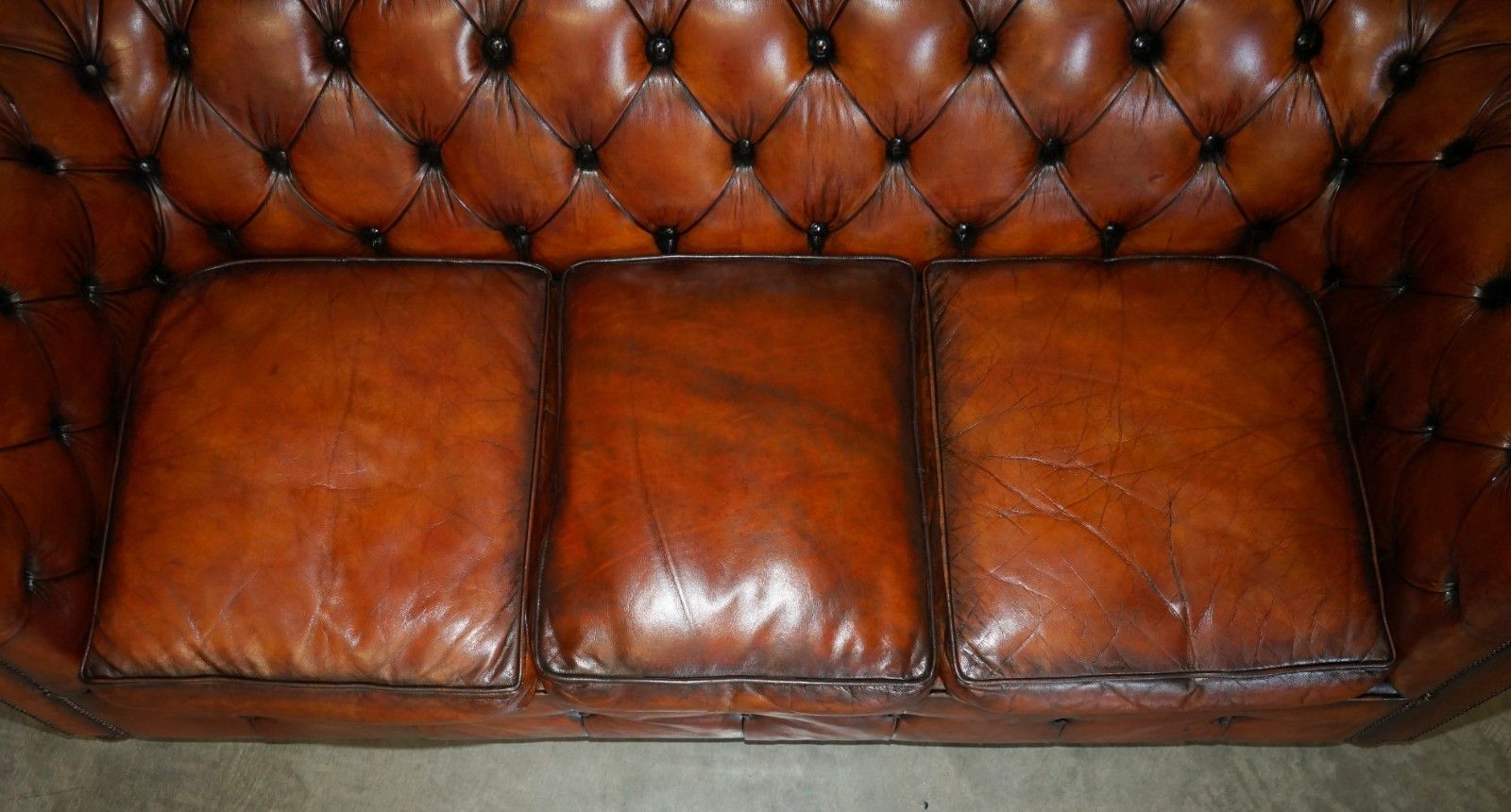 photo furniture 1930's Hand Dyed Restored Whiskey Brown Leather Chesterfield Tufted Club Sofa