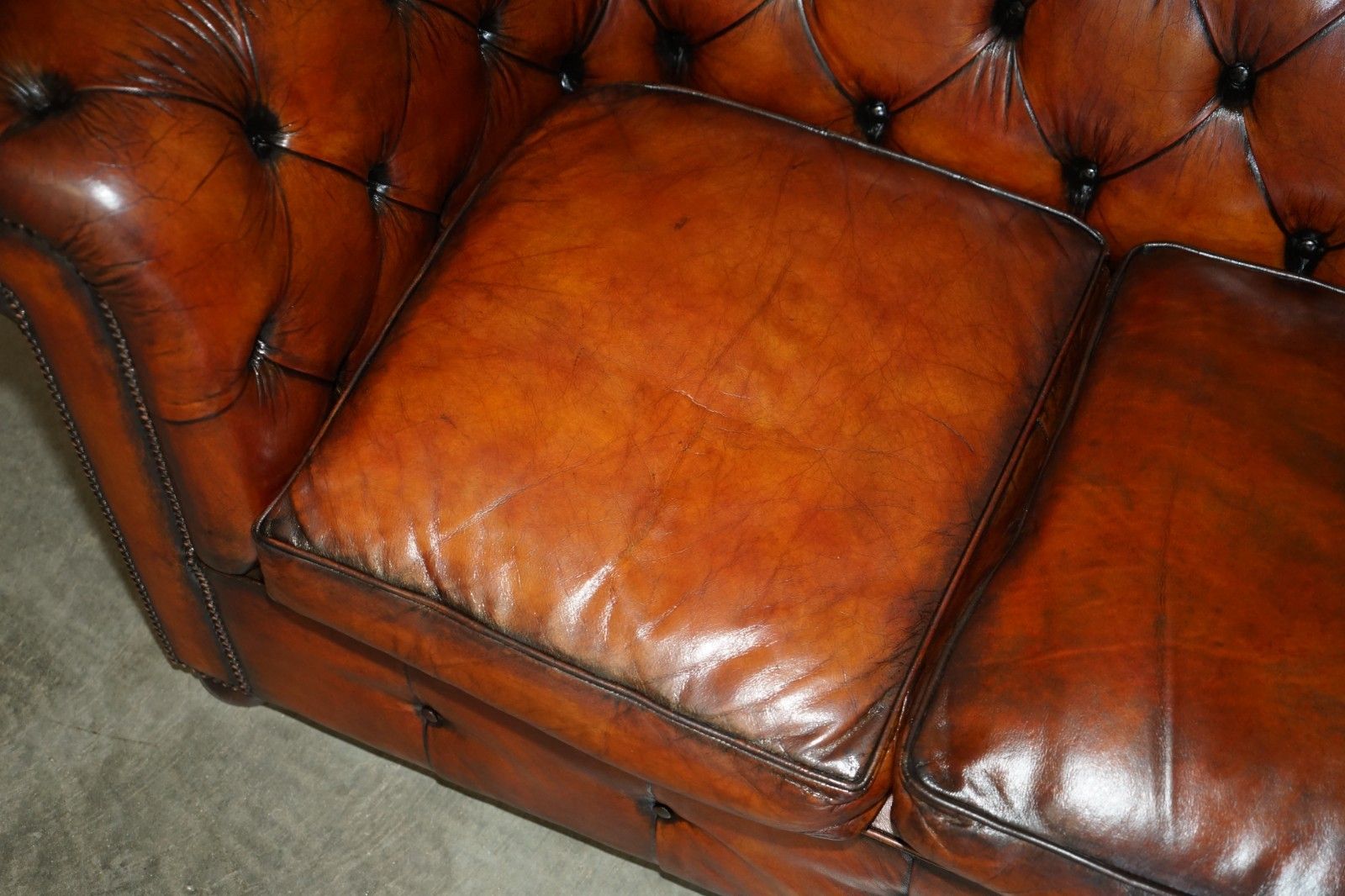 photo for sale 1930's Hand Dyed Restored Whiskey Brown Leather Chesterfield Tufted Club Sofa
