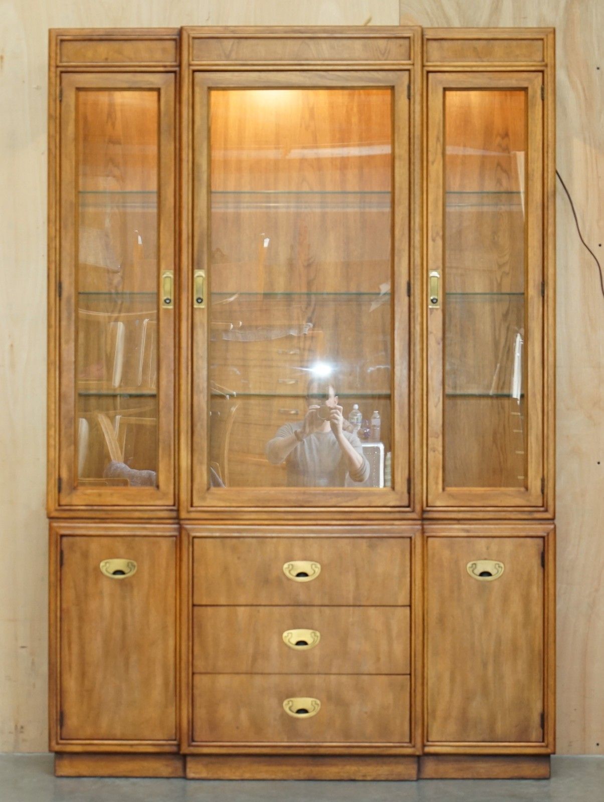 Vintage Triple Spot Light Military Campaign Drexel Heritage Cabinet Bookcase photo for sale