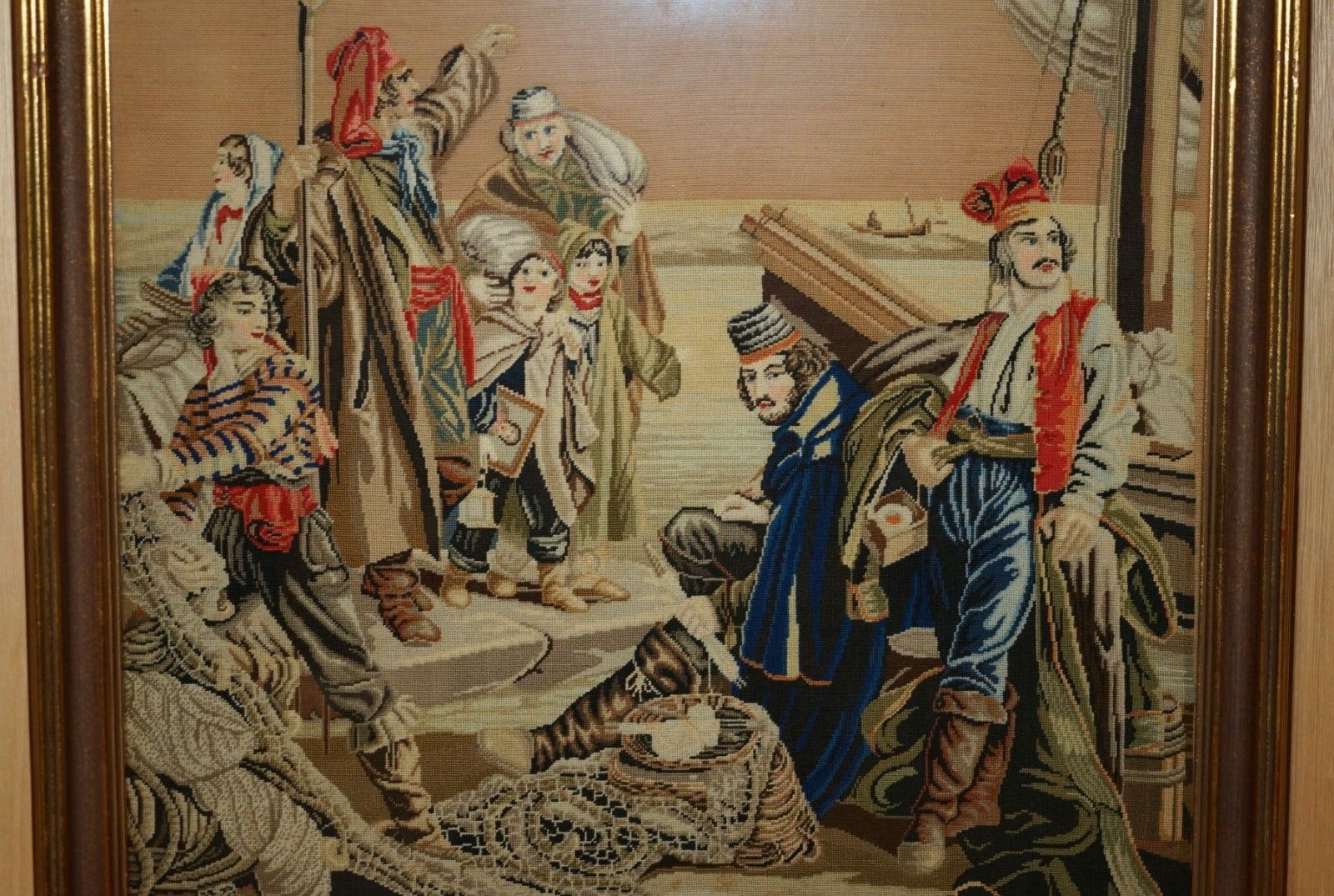 Antique French 19th Century Needlework Embroidery Tapestry Picture Of Sailors photo for sale