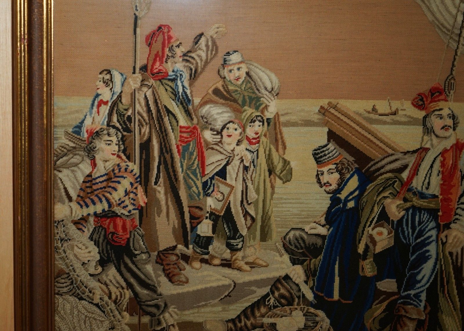 Antique French 19th Century Needlework Embroidery Tapestry Picture Of Sailors photo buy