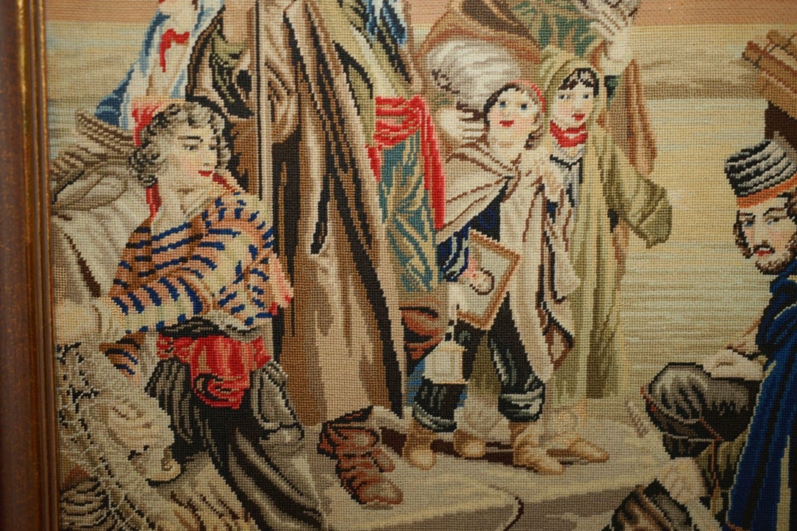 photo for sale Antique French 19th Century Needlework Embroidery Tapestry Picture Of Sailors