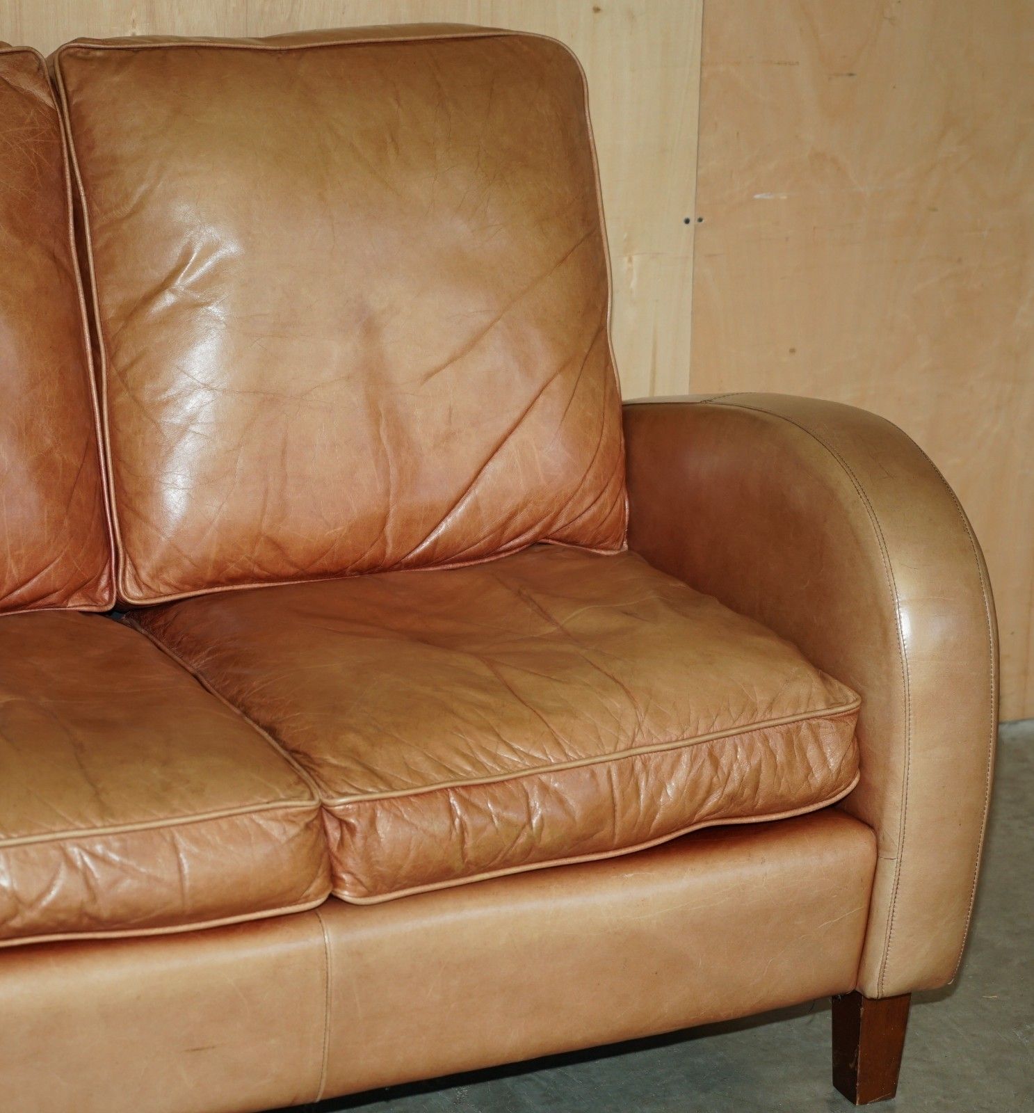 Brights Of Nettlebed Brown Leather Art Deco Sofa & Pair Of Armchairs Suite photo Furniture