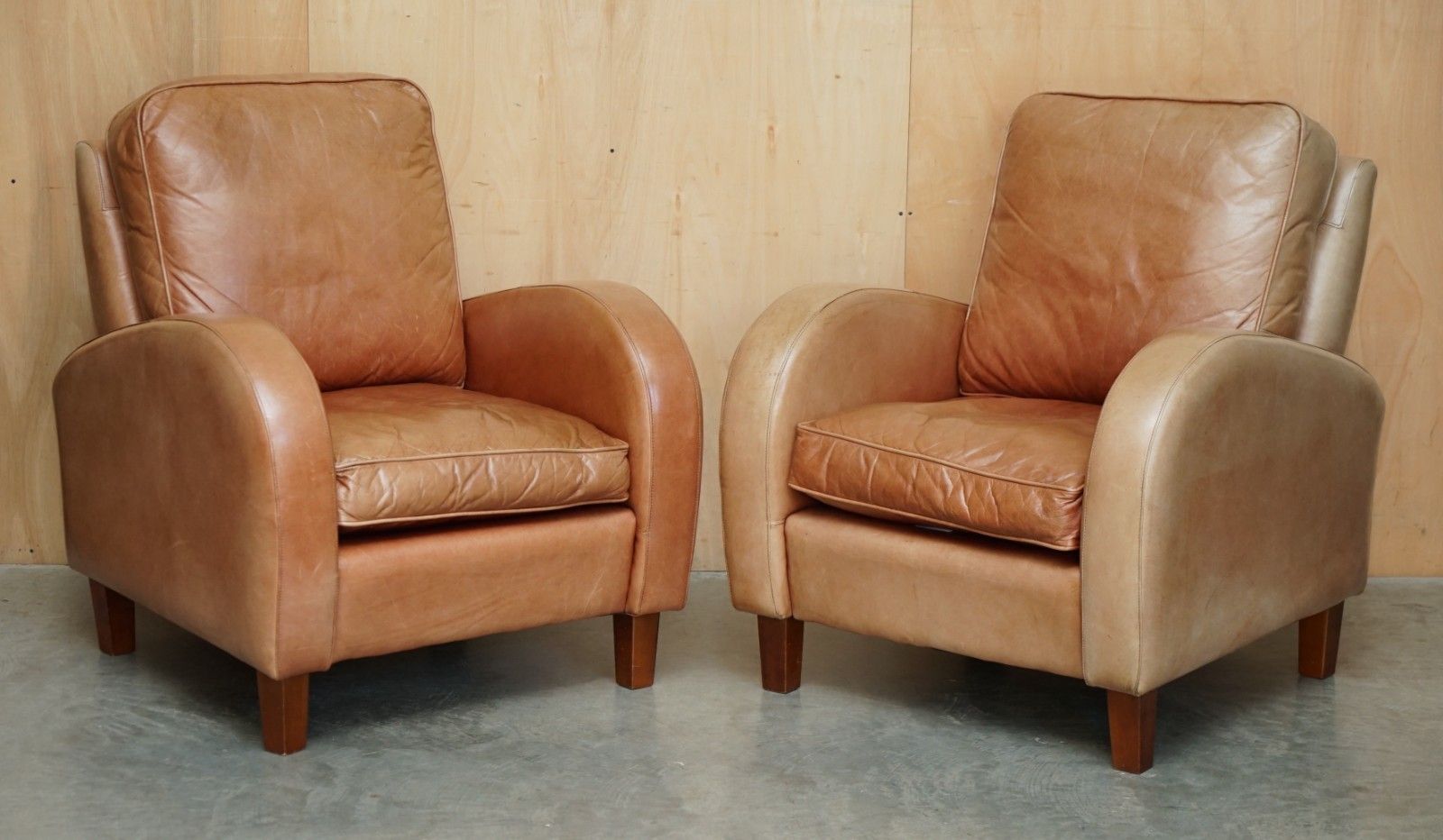 photo buy Brights Of Nettlebed Brown Leather Art Deco Sofa & Pair Of Armchairs Suite
