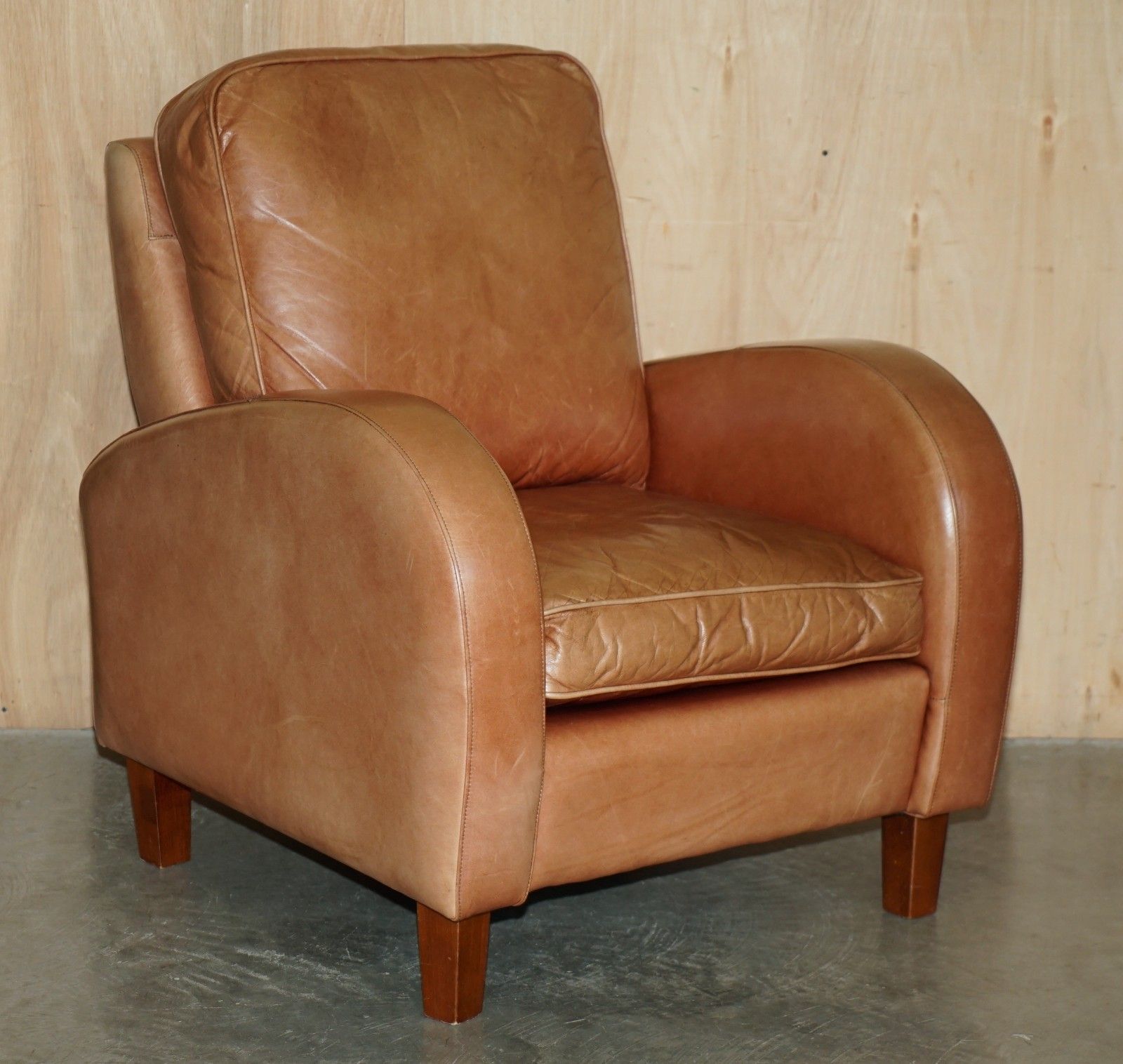 photo vintage Brights Of Nettlebed Brown Leather Art Deco Sofa & Pair Of Armchairs Suite