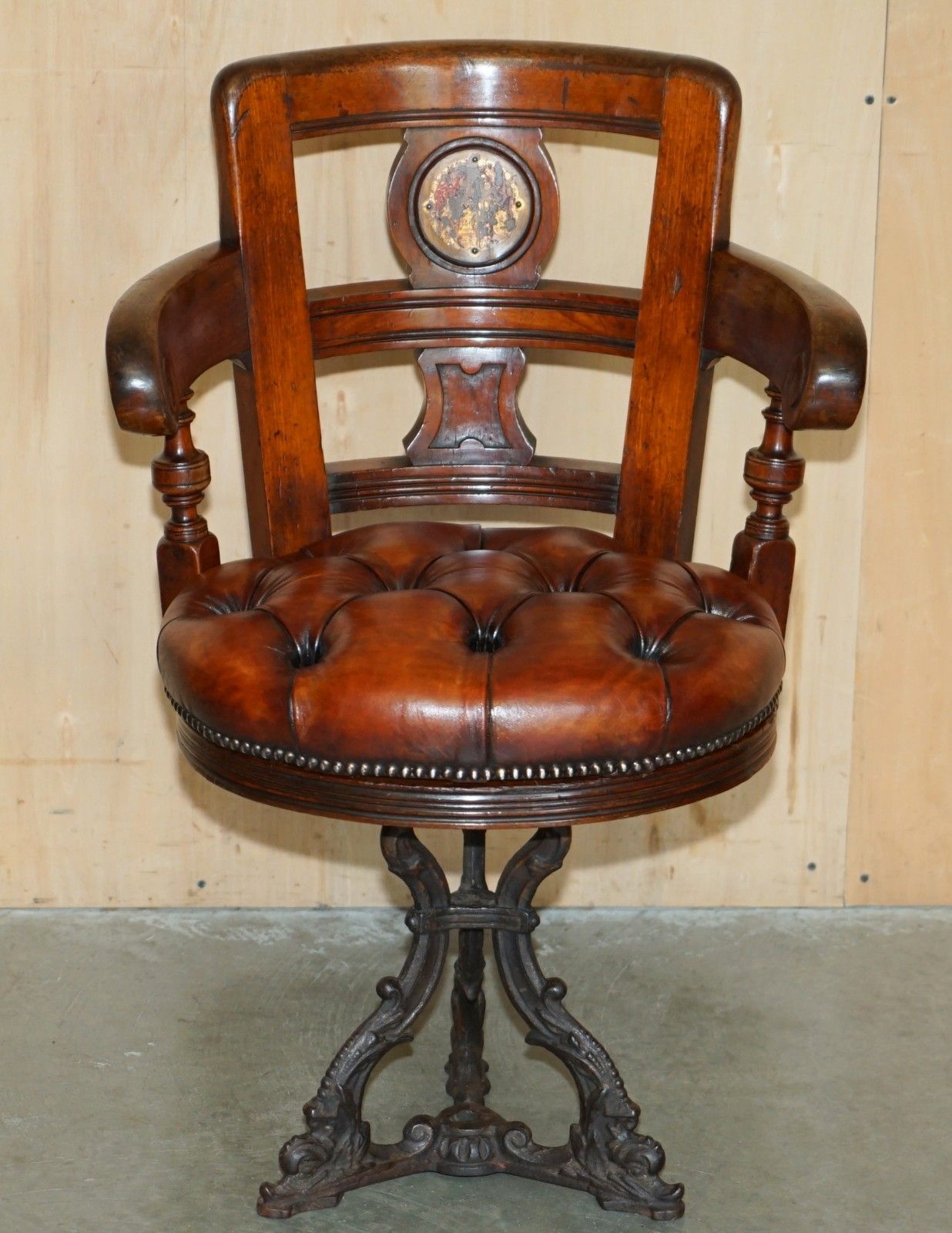 Antique Victorian Restored Brown Leather Chesterfield Tufted Captains Chair photo for sale