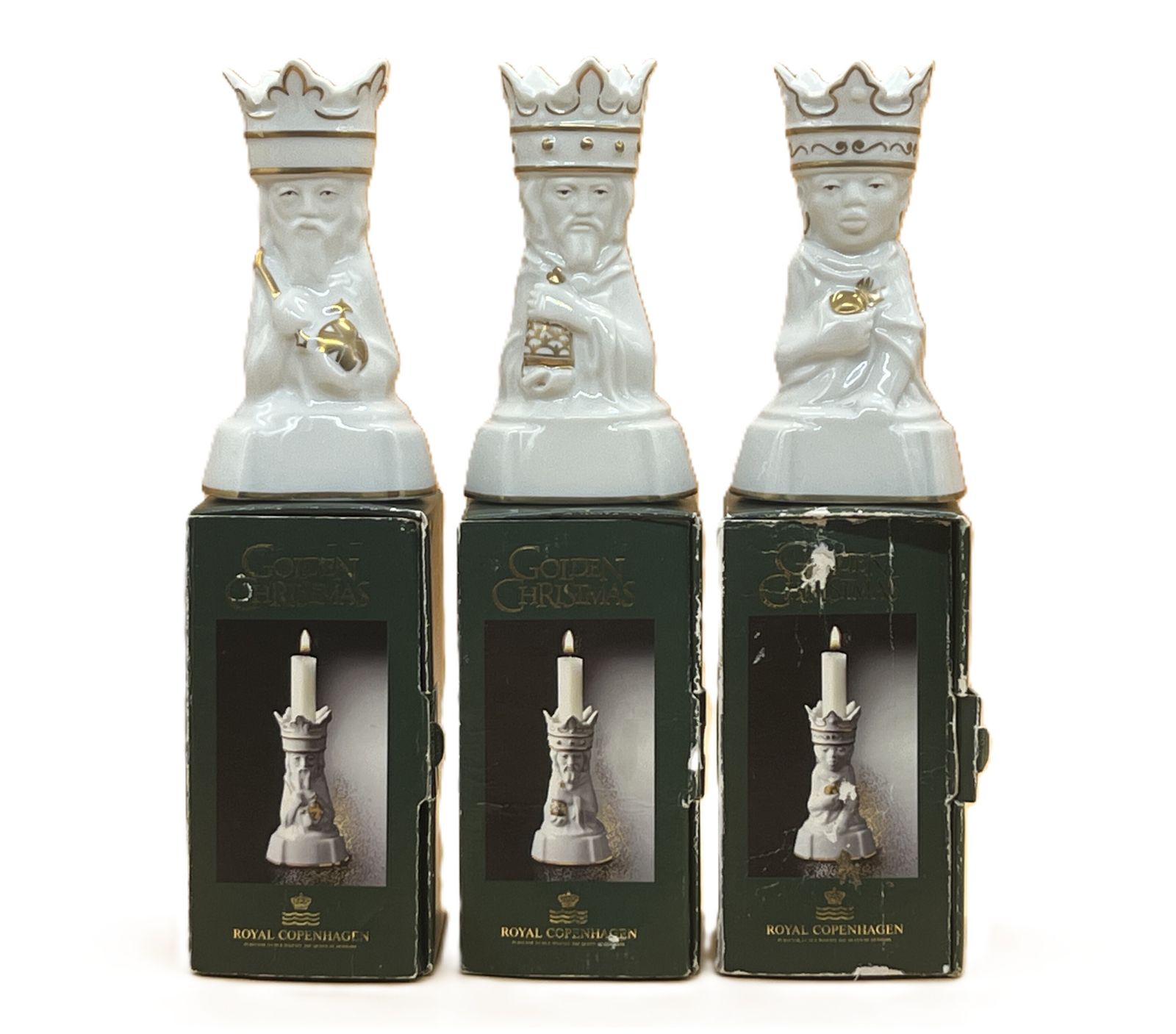 Royal Copenhagen Porcelain 3 Wise Men Candlesticks In Original Boxes. No's 333, 334 & 335.