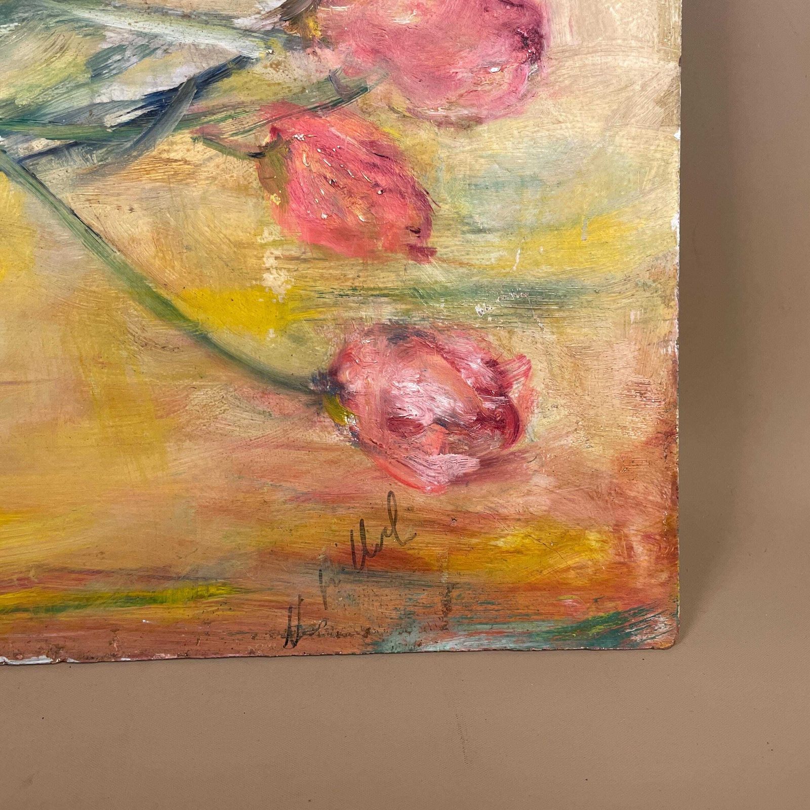 Antique Floral Oil Painting Picture Vintage Flowers Painted Art Original Oils Oil Rectangle Landscape Bunch Pot Vase Yellow 46x61cm photo vinterior