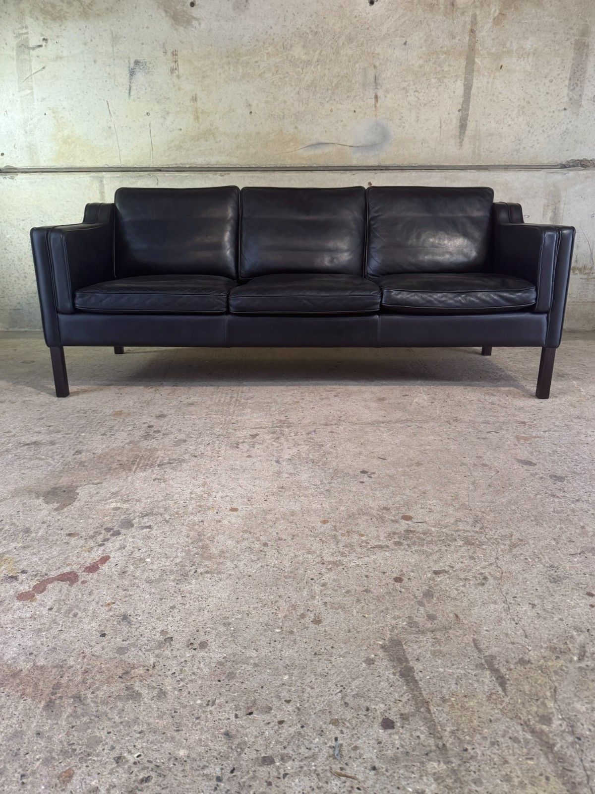 Vintage Danish Three Seater Black Leather Sofa By Stouby – Stylish #A733