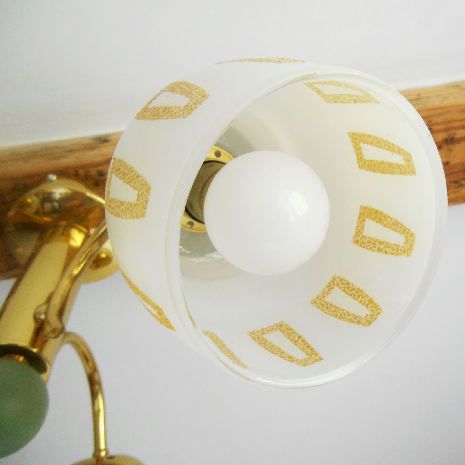 A Mid Century Modern Three Armed Brass Chandelier With Frosted Glass Shades photo Lighting