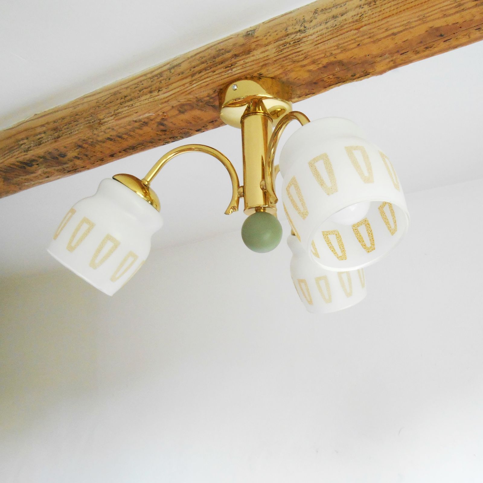 photo furniture A Mid Century Modern Three Armed Brass Chandelier With Frosted Glass Shades