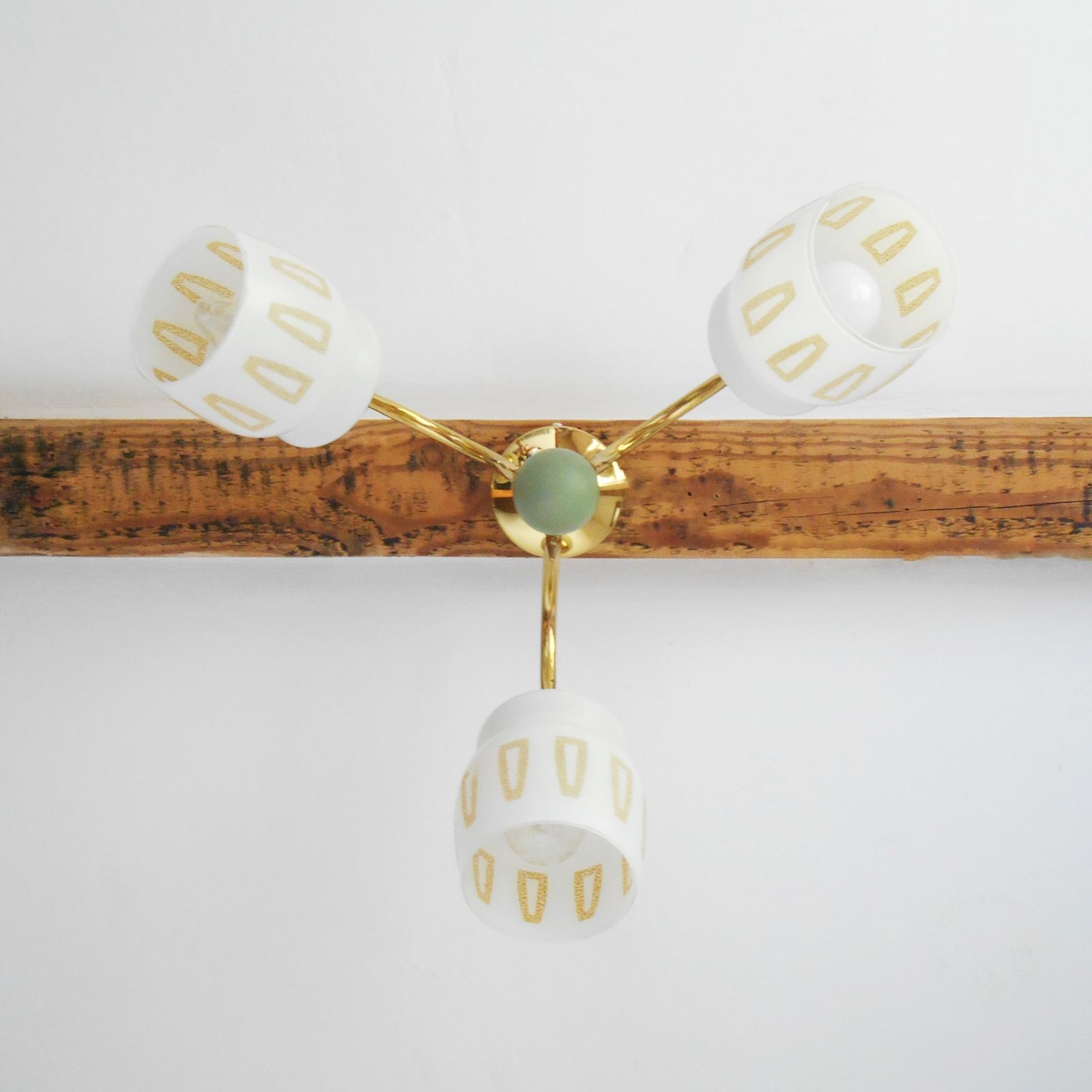 photo buy A Mid Century Modern Three Armed Brass Chandelier With Frosted Glass Shades
