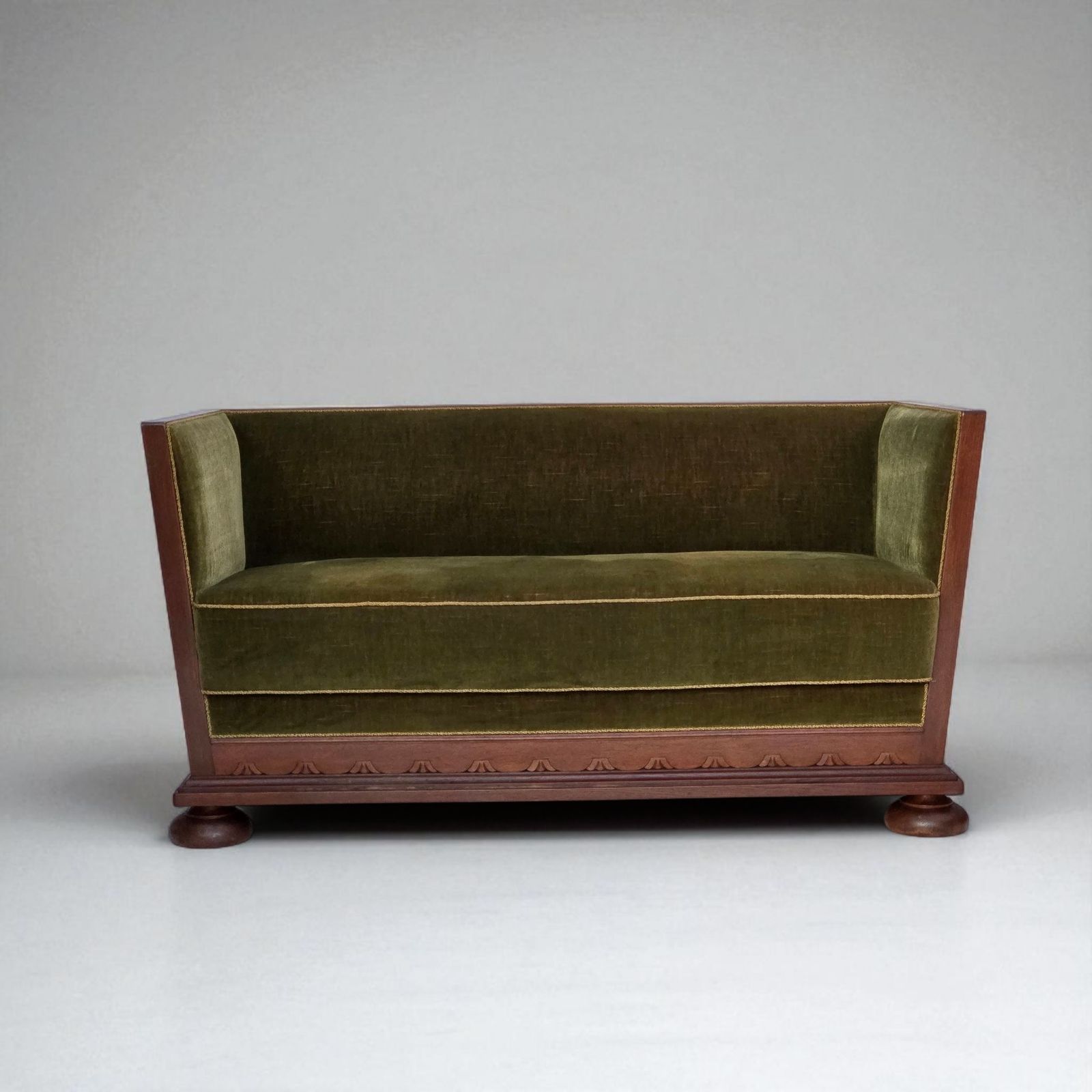 1950s, Danish 2 Seater Sofa, Original Green Furniture Velour, Oak Wood.