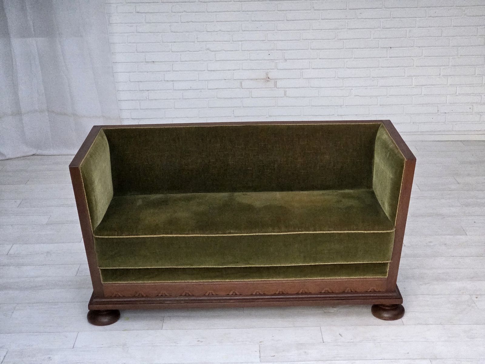1950s, Danish 2 Seater Sofa, Original Green Furniture Velour, Oak Wood. photo Furniture