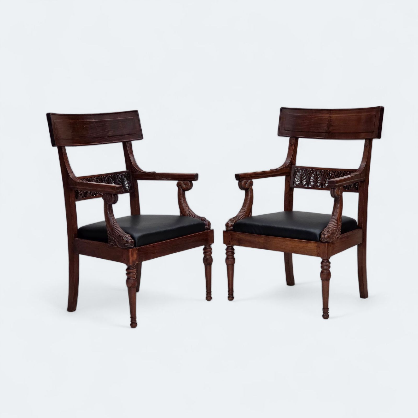 1920 30s, Set Of 2 Armchairs, Design After Georges Jacob, Carved Teak Wood, Leather, Reupholstered.