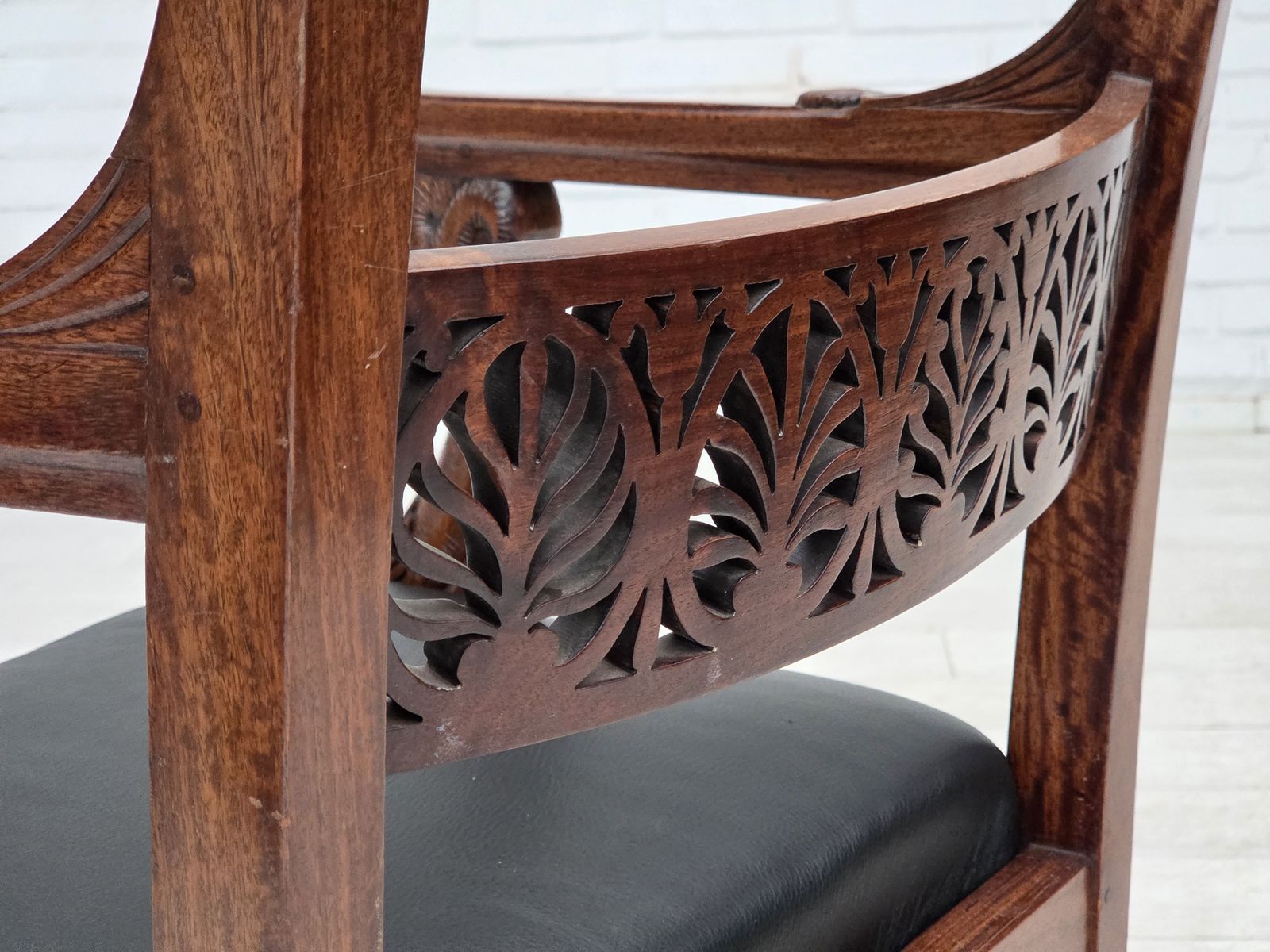 photo buy 1920 30s, Set Of 2 Armchairs, Design After Georges Jacob, Carved Teak Wood, Leather, Reupholstered.