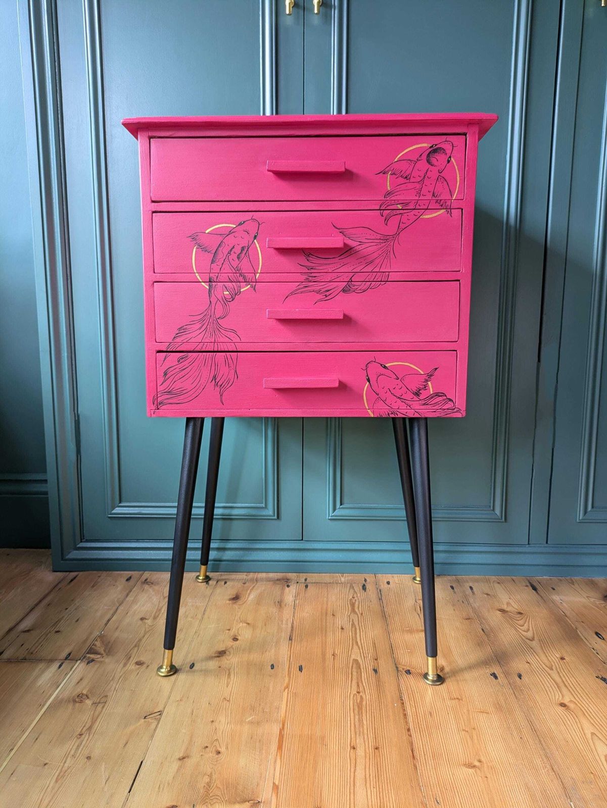 Vintage Sheet Music Cabinet With Hand Painted Koi Design
