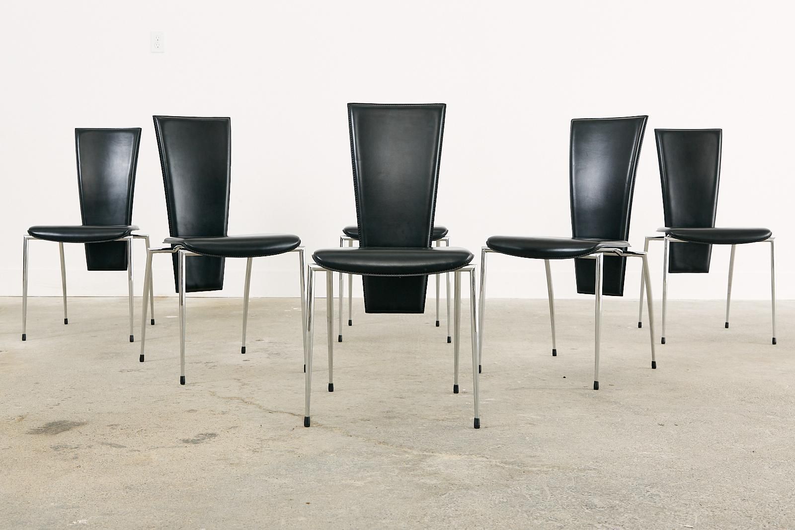 Set Of Six Italian Arper Modern Leather Chrome Dining Chairs photo for sale