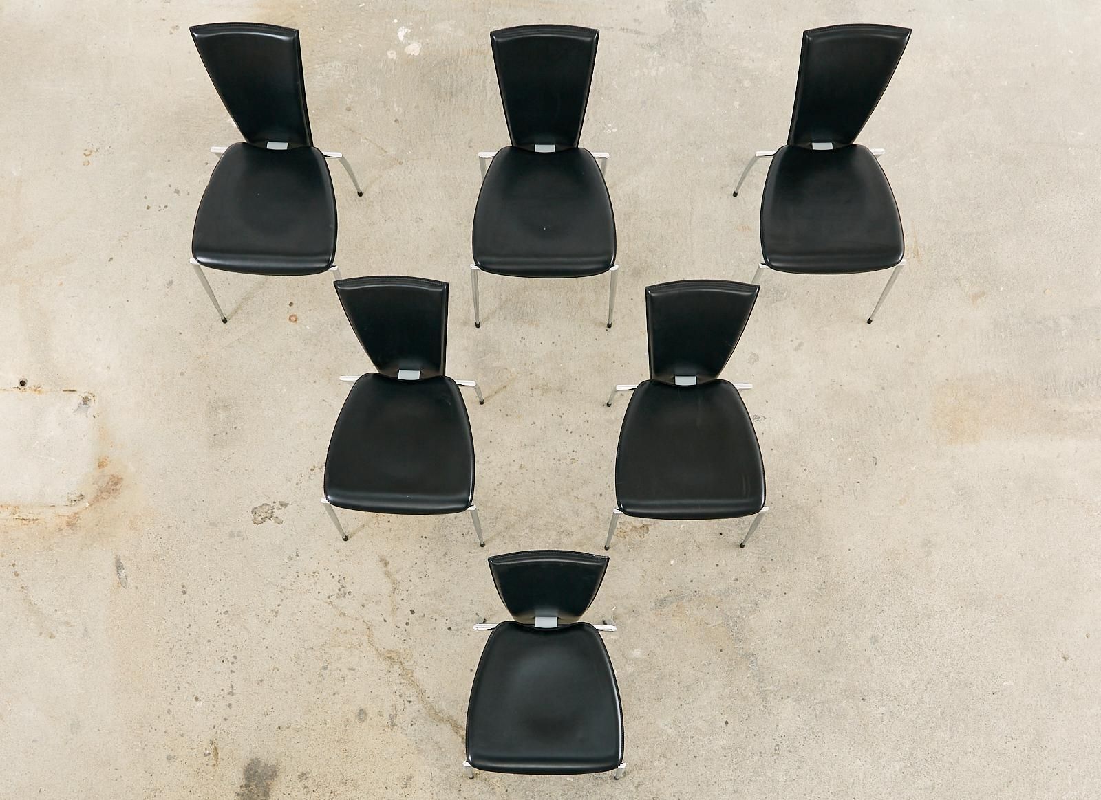 Set Of Six Italian Arper Modern Leather Chrome Dining Chairs photo Furniture