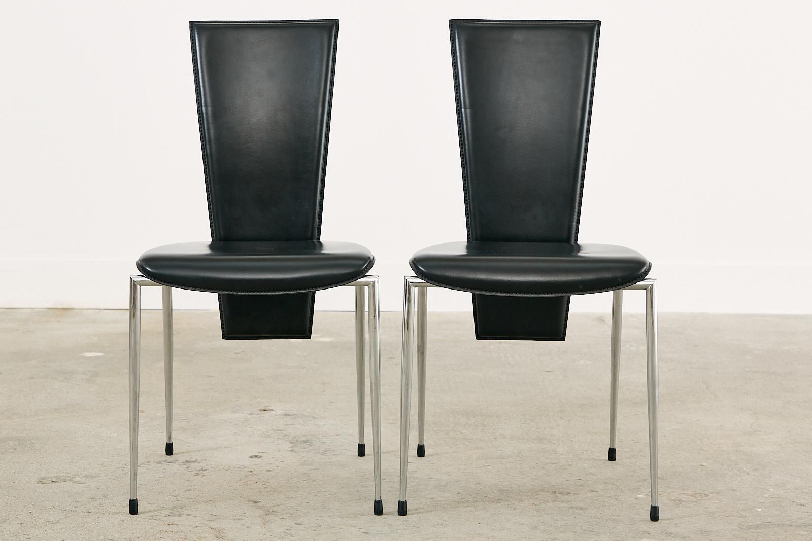 Set Of Six Italian Arper Modern Leather Chrome Dining Chairs photo buy