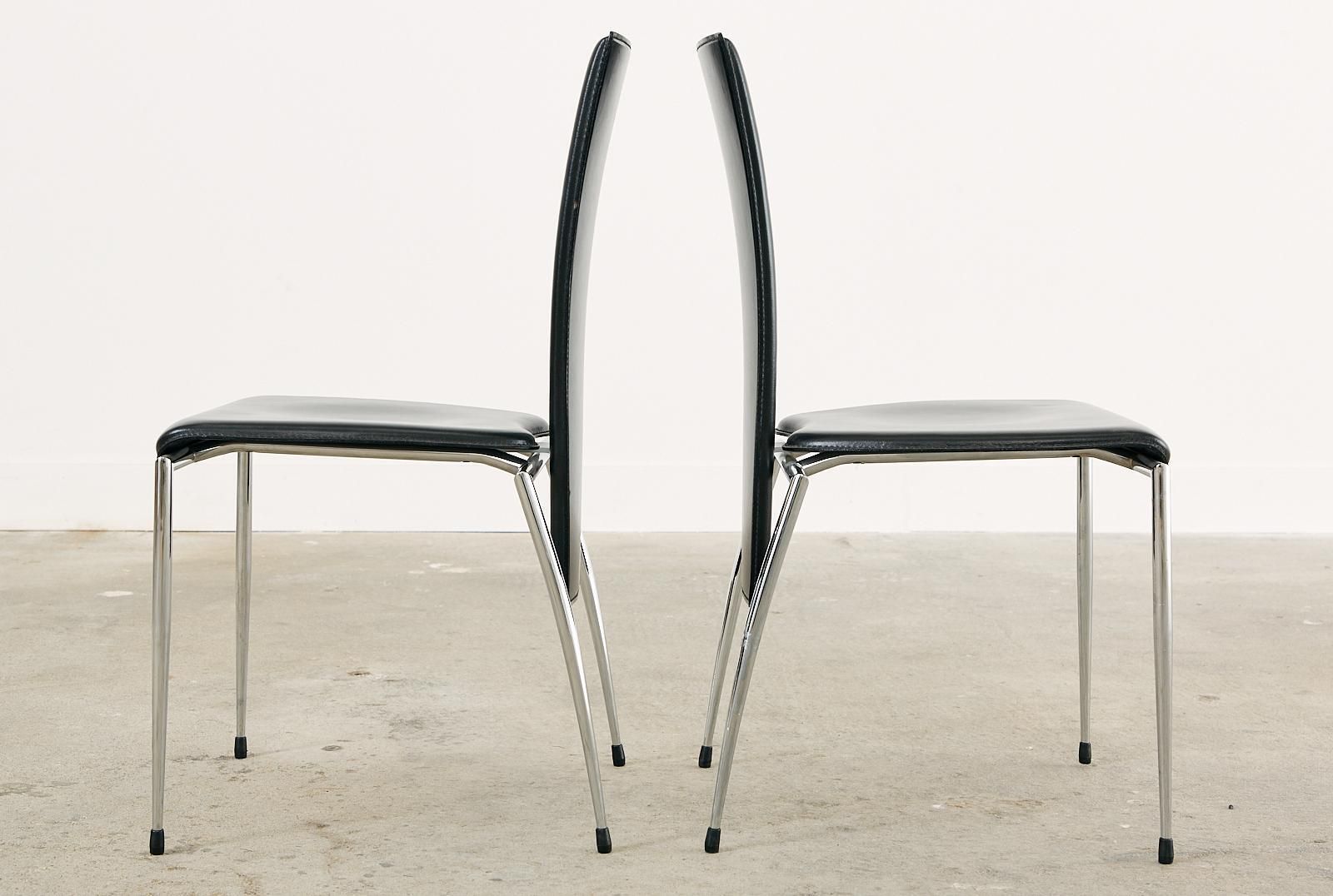 photo for sale Set Of Six Italian Arper Modern Leather Chrome Dining Chairs