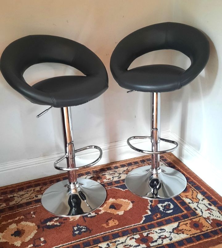 Pair Of Vintage Leather Look And Chrome Adjustable Bar Stools