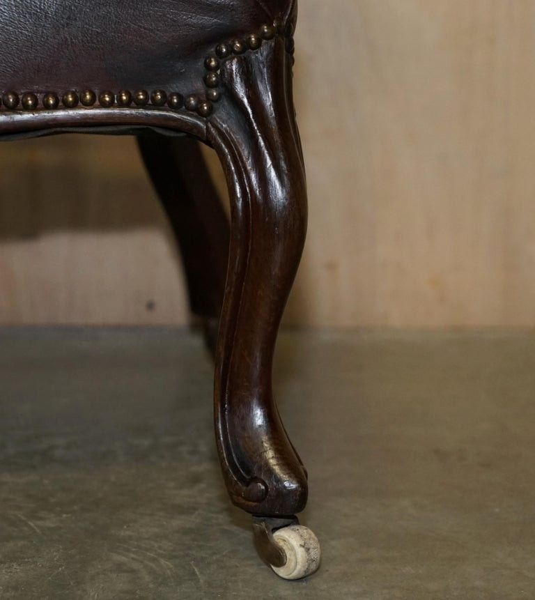 Fine Antique 1830 William IV Cockfighting Brown Leather Chair Original Castors photo vintage