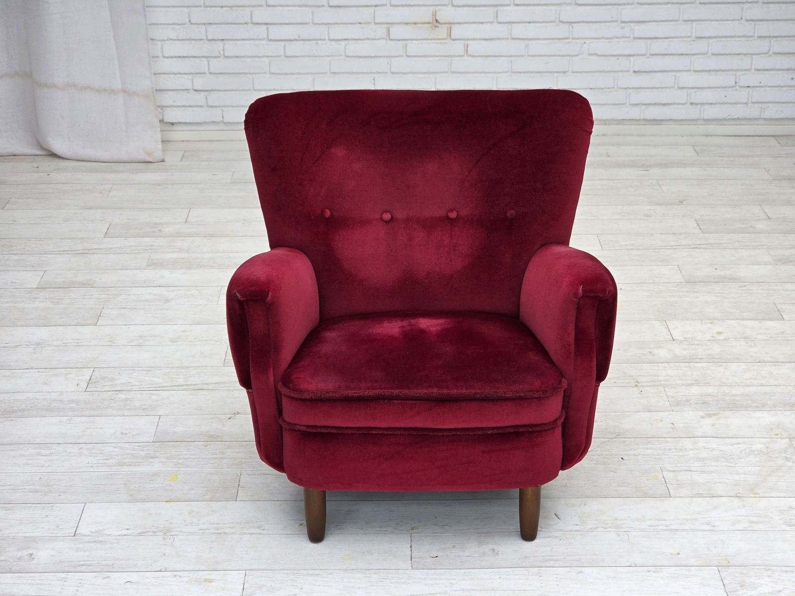 1960s, Danish Armchair, Cherry Red Furniture Velour, Beech Wood Legs. photo furniture