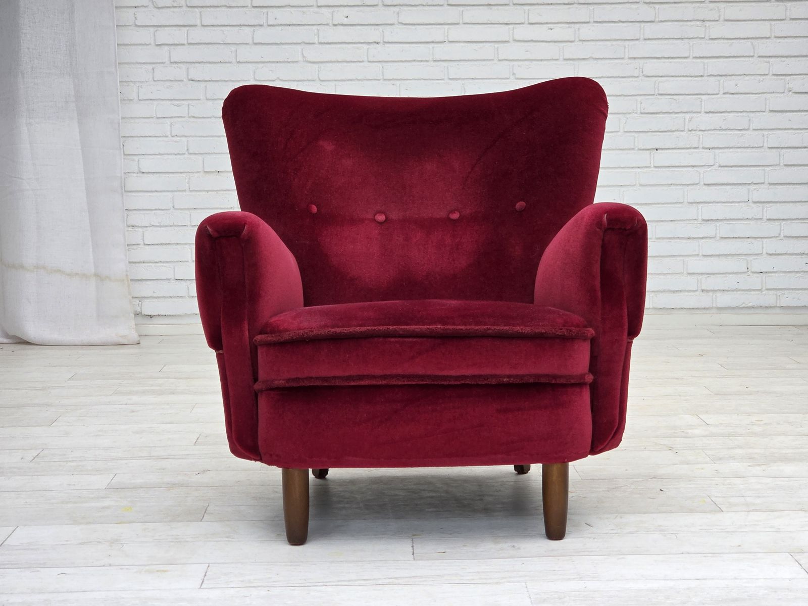 1960s, Danish Armchair, Cherry Red Furniture Velour, Beech Wood Legs. photo for sale