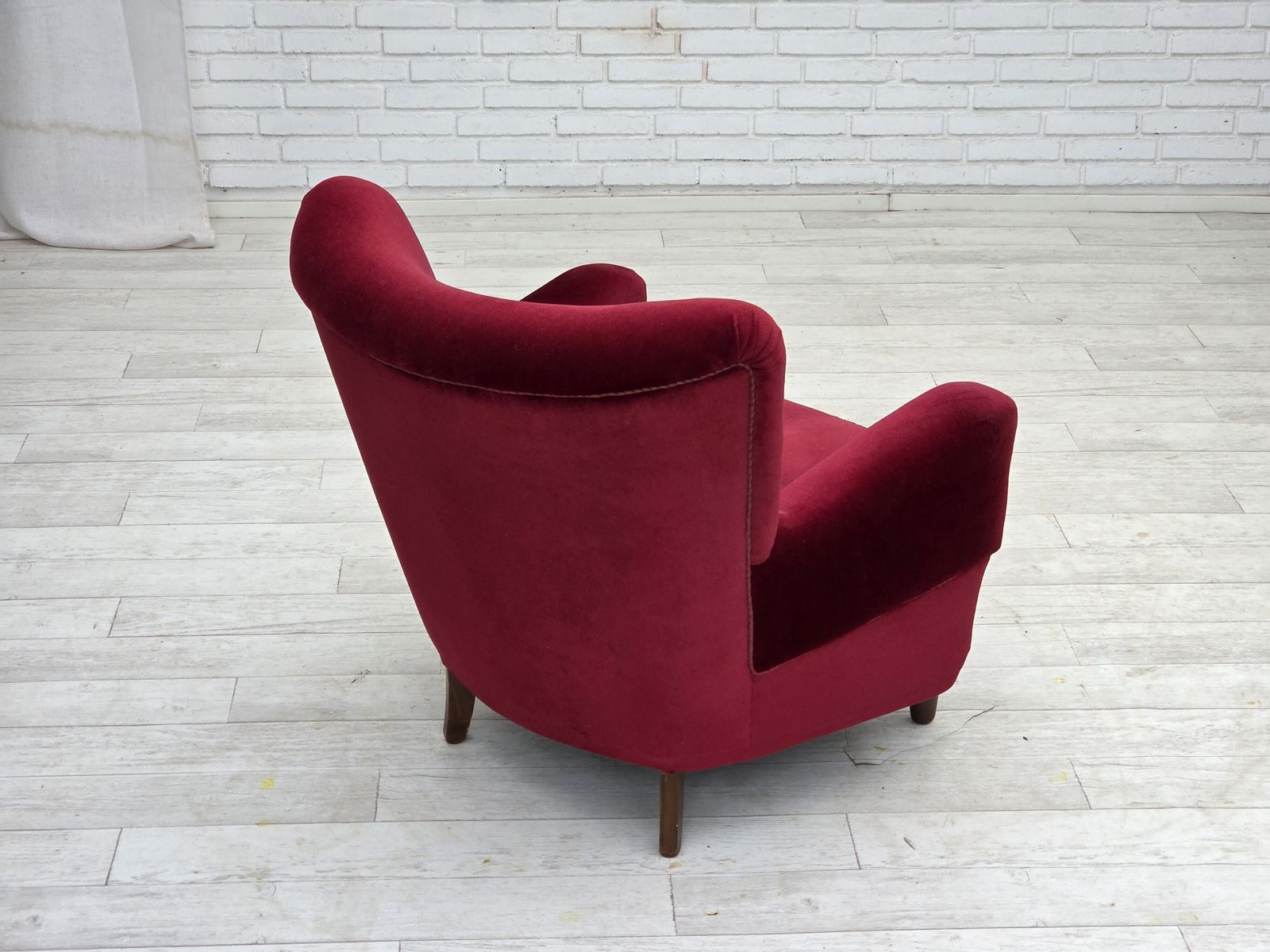 photo furniture 1960s, Danish Armchair, Cherry Red Furniture Velour, Beech Wood Legs.