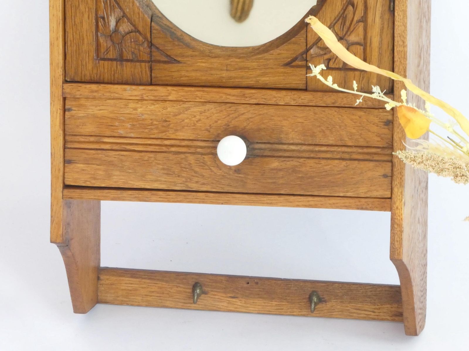 Small Antique Wooden Hanging Cabinet With Oval Mirror And Carved Floral Details, Medicine Apothecary With Drawer And Shelf photo Furniture