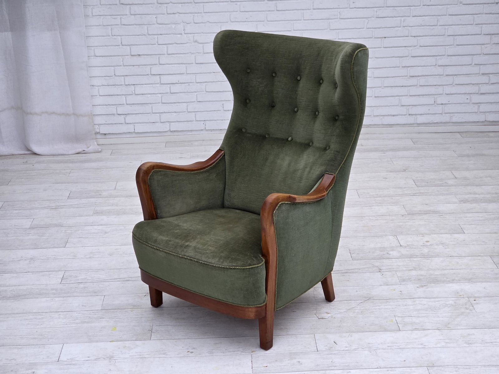 Furniture 1960s, Danish Highback Armchair, Green Furniture Velour, Teak Wood. photo