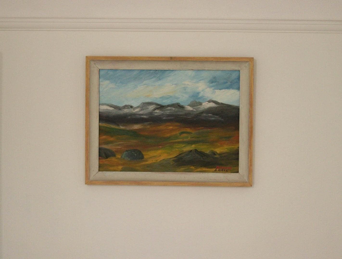 Original Mid Century Original Swedish Oil On Panel – “Sylarna” By J. Hock – Vintage & Framed | 48 × 68 Cm (18.9" × 26.8") photo furniture