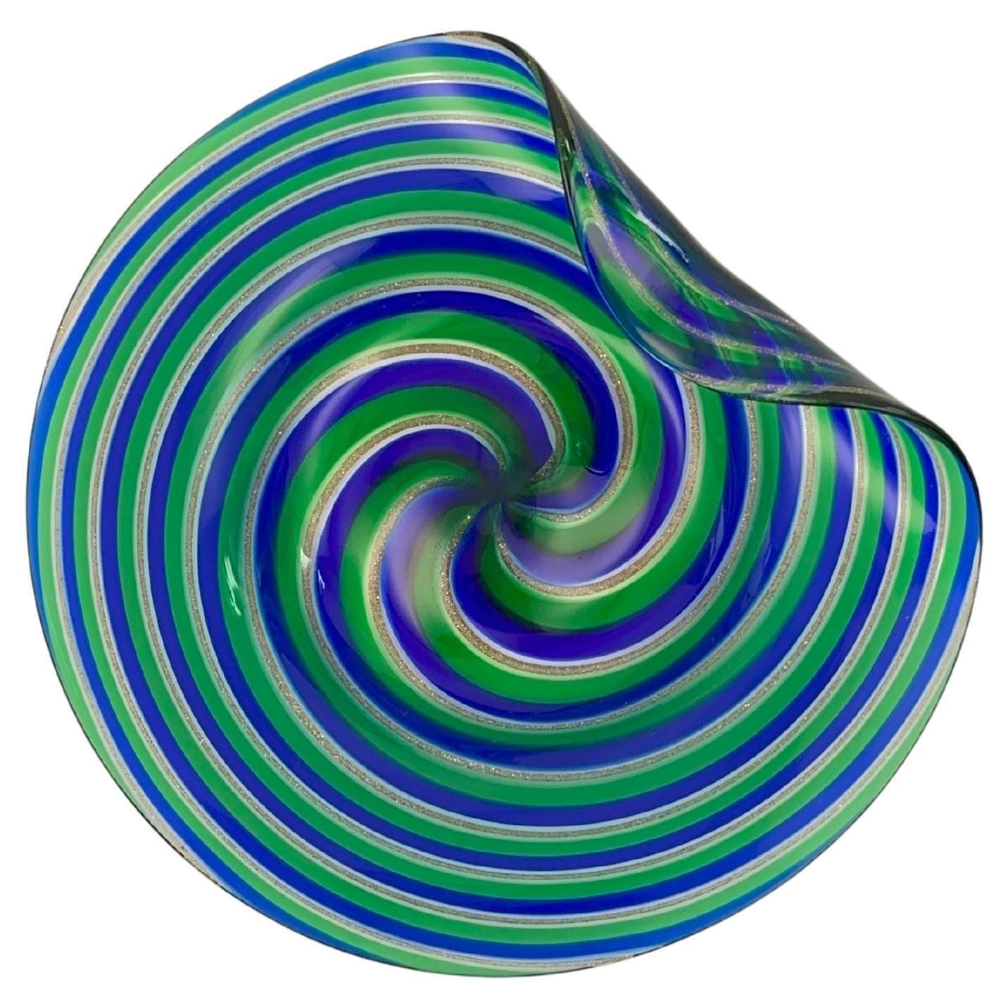 Murano Glass Filigrana Dish With Aventurine, Attributed To Cenedese & Alberelli