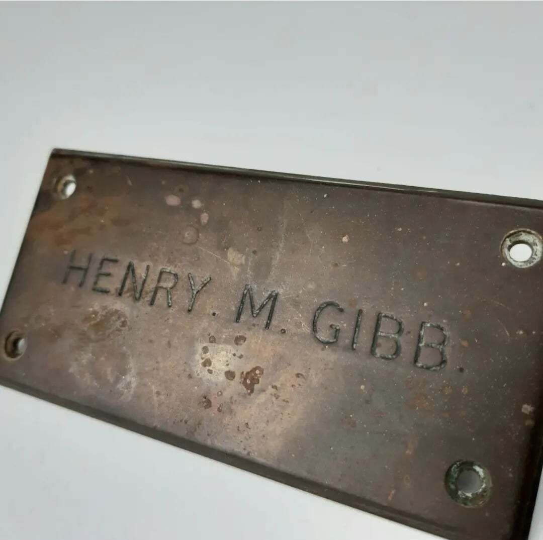 Early 1900s Small Salvaged Brass Name Plaque Henry M Gibb