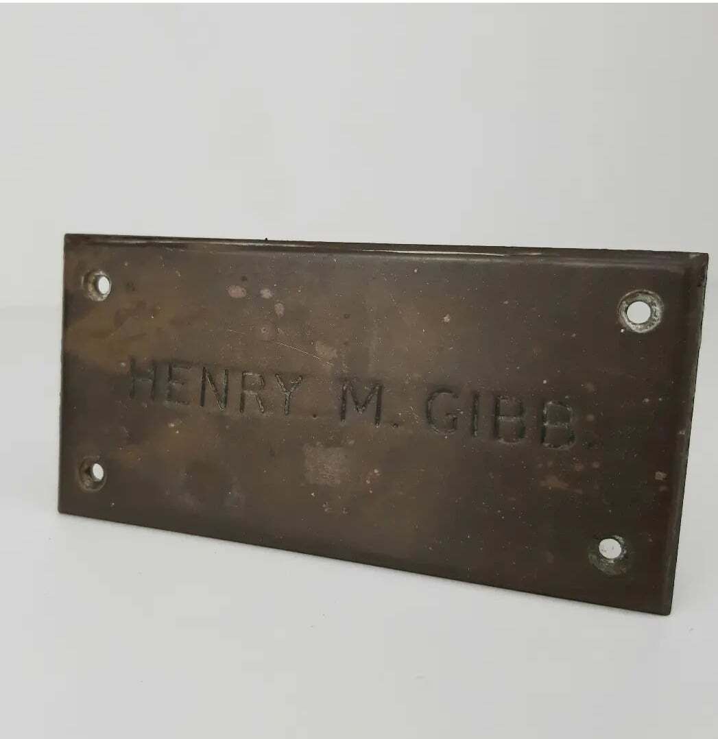 Early 1900s Small Salvaged Brass Name Plaque Henry M Gibb photo furniture