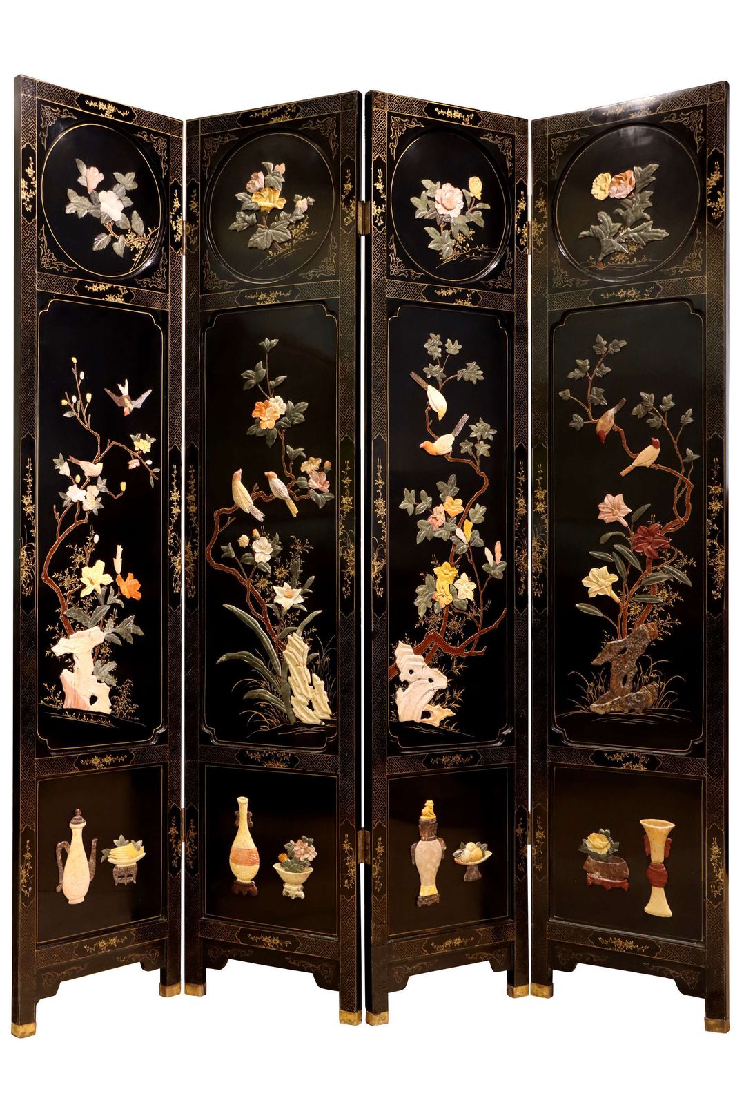 A Chinese Chinoiserie Hardstone Mounted Black Lacquer Four Fold Screen, Circa 1930