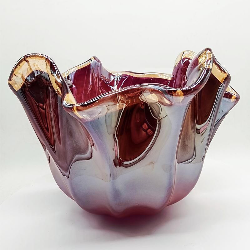 Big Glossy Purple Jacketed Handkerchief Vase In Hand Worked Murano Glass. Made In Italy.