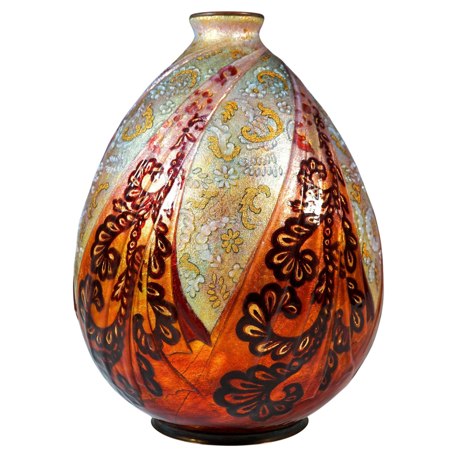 Large Art Déco Enamel Vase 'Volants Et Dentelles', Camille Fauré, France 1925/30