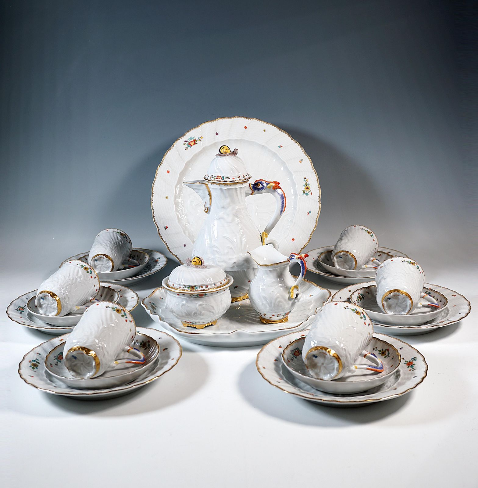 Meissen Swan Service Coffee Set For 6 Persons, With Indian Flowers, 20th Century photo furniture