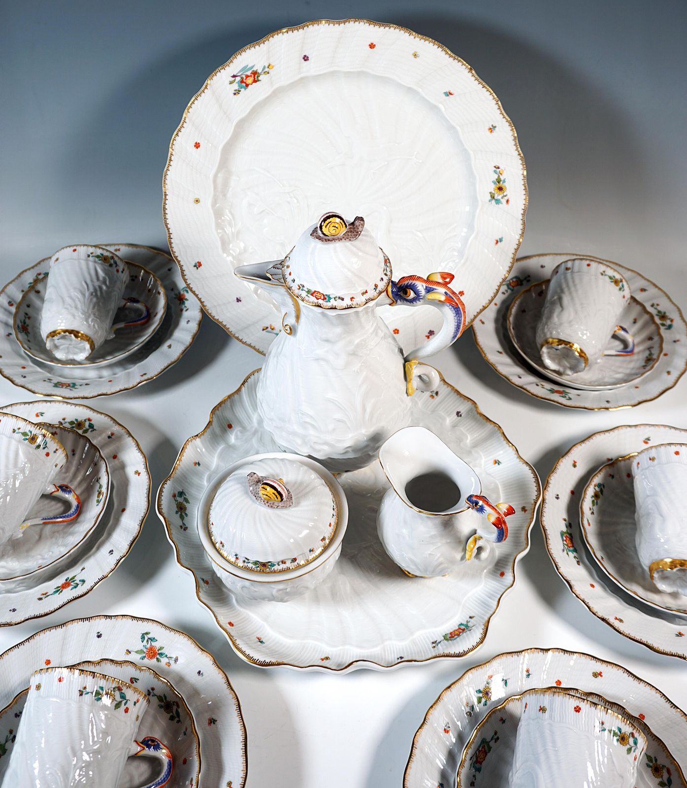 Meissen Swan Service Coffee Set For 6 Persons, With Indian Flowers, 20th Century photo Home Decor