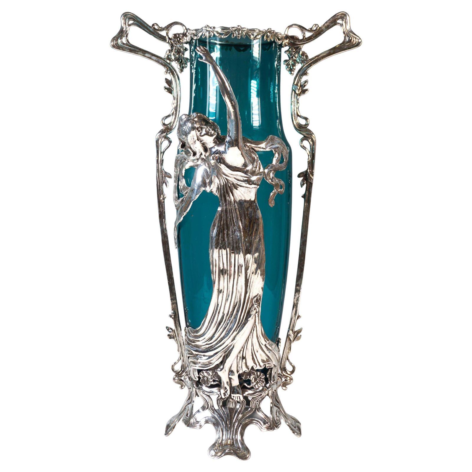 Large Art Nouveau Vase With Plasitc Figure & Original Glass, Wmf Germany Ca 1910